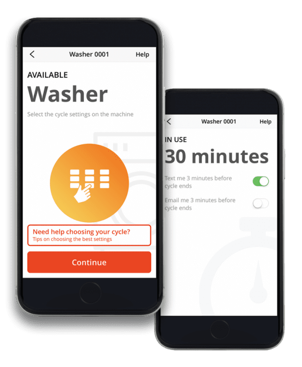 Speed Queen mobile app showing machine availability and cycle notifications